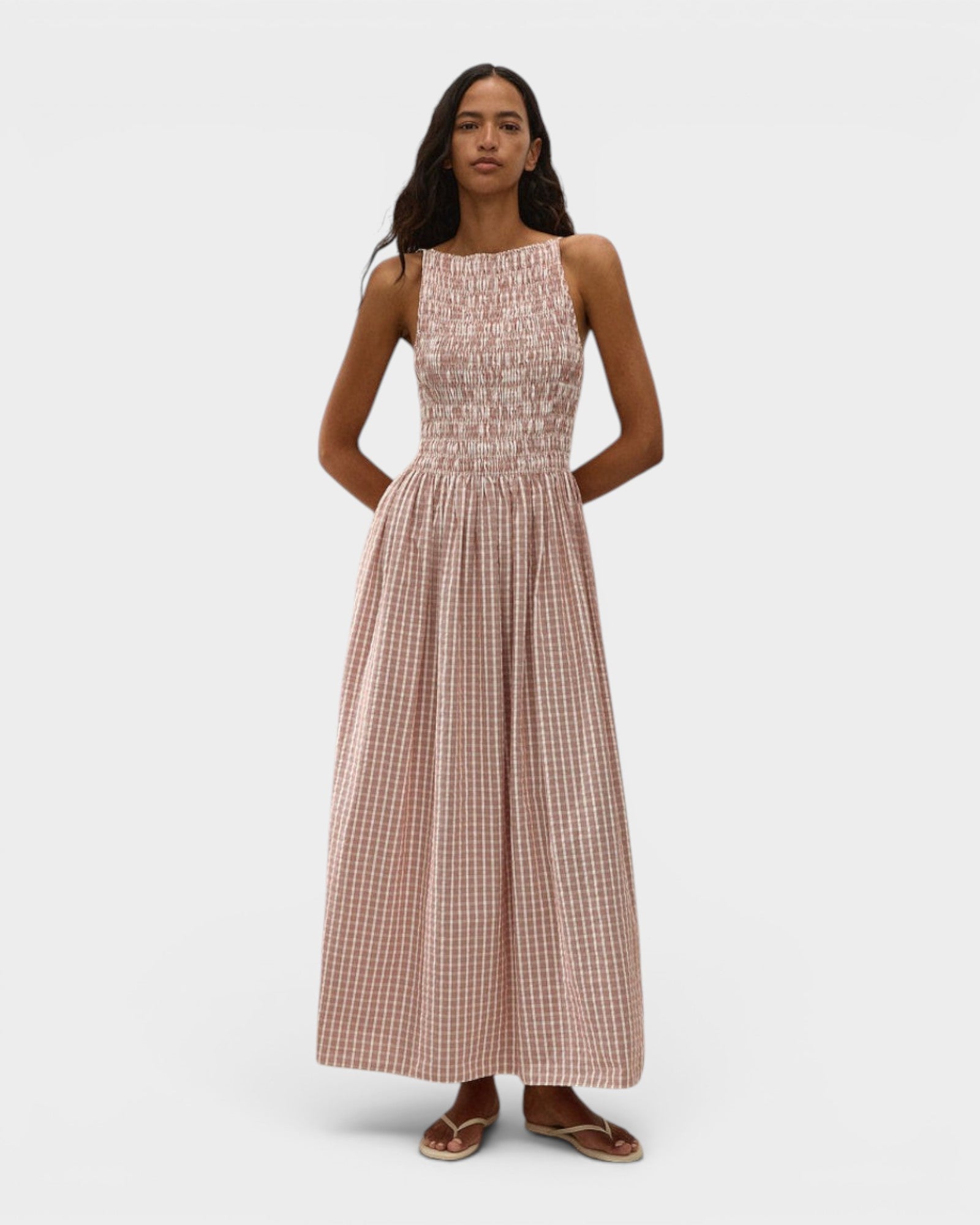 JONES + CO Laia maxi dress in cinnamon and white checkered cotton with a shirred bodice and square neckline.