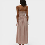 JONES + CO Laia maxi dress in cinnamon and white checkered cotton with a shirred bodice and thin adjustable straps.