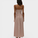 JONES + CO Laia maxi dress in cinnamon and white checkered cotton with a shirred bodice and thin adjustable straps.