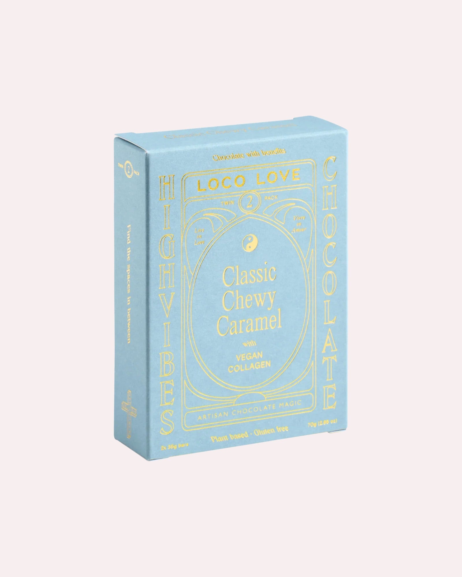 JONES + CO Loco Love Classic Chewy Caramel chocolate bar box with vegan collagen in light blue packaging.