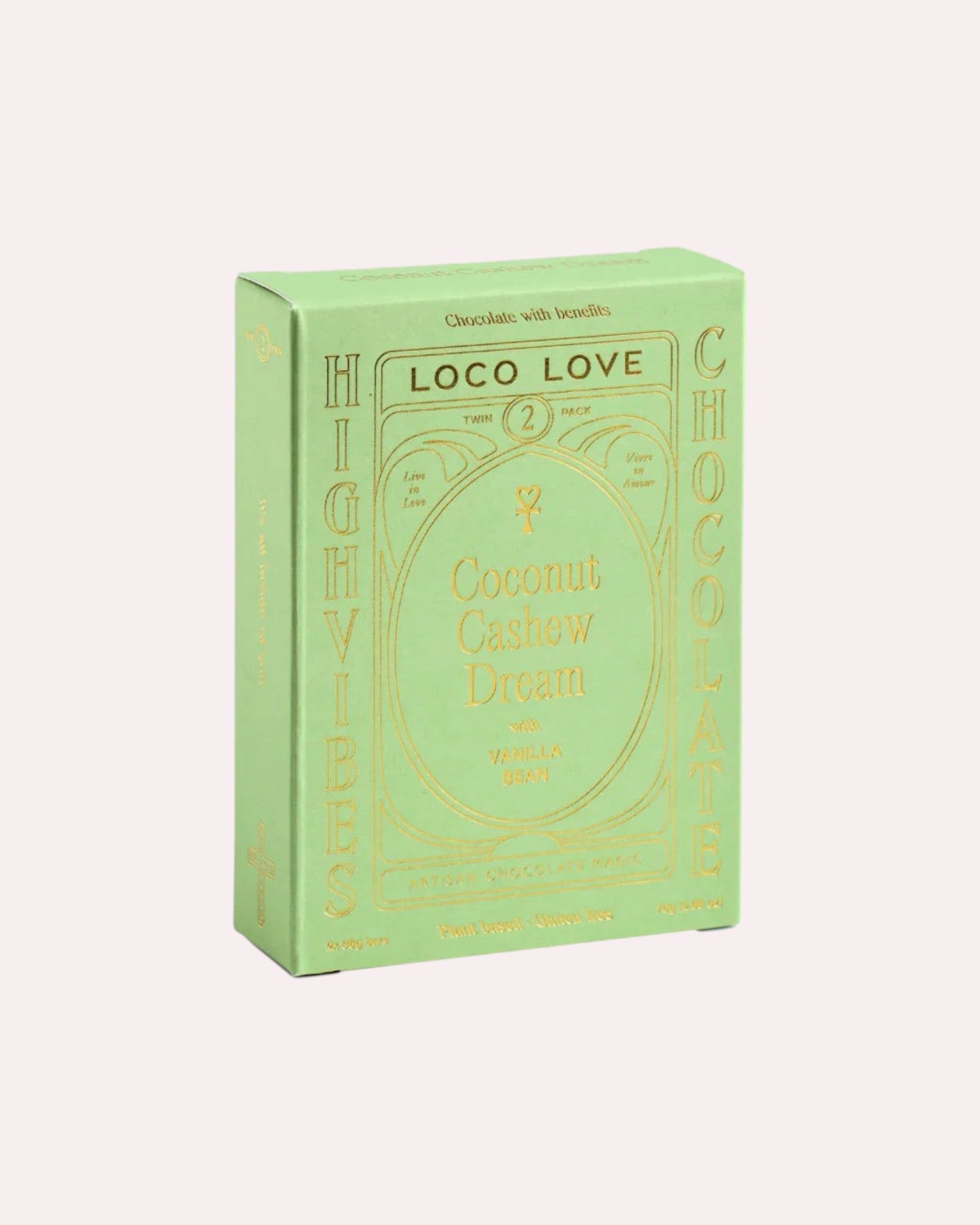JONES + CO Loco Love Coconut Cashew Dream chocolate bar in a light green box with gold lettering and vanilla bean.