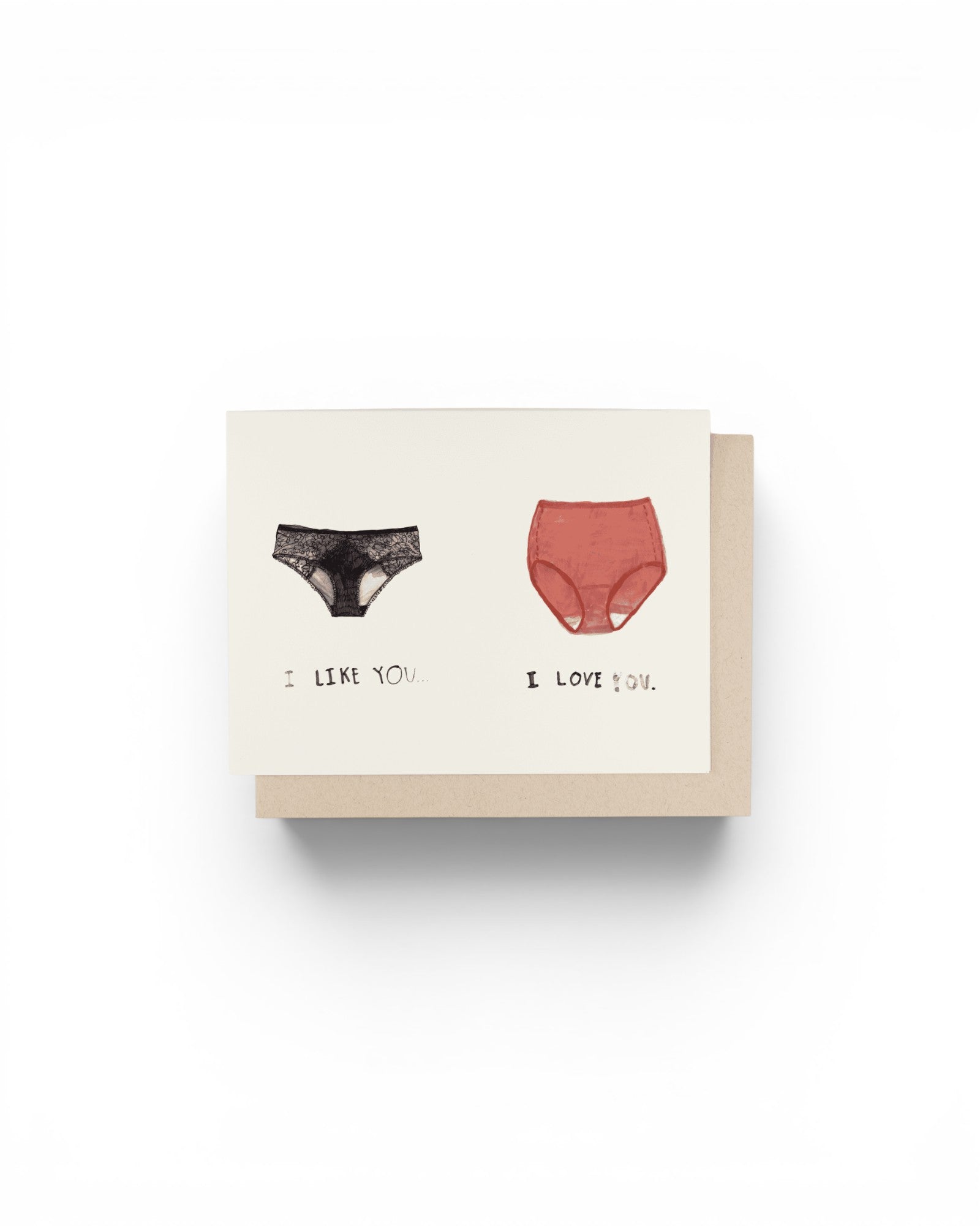 JONES + CO greeting card featuring illustrations of black lace underwear and red granny panties with romantic text.