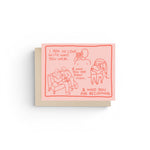 JONES + CO greeting card in pink with red line art illustrations of a couple and romantic text about love timelines.