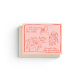 JONES + CO greeting card in pink with red line art illustrations of a couple and romantic text about love timelines.