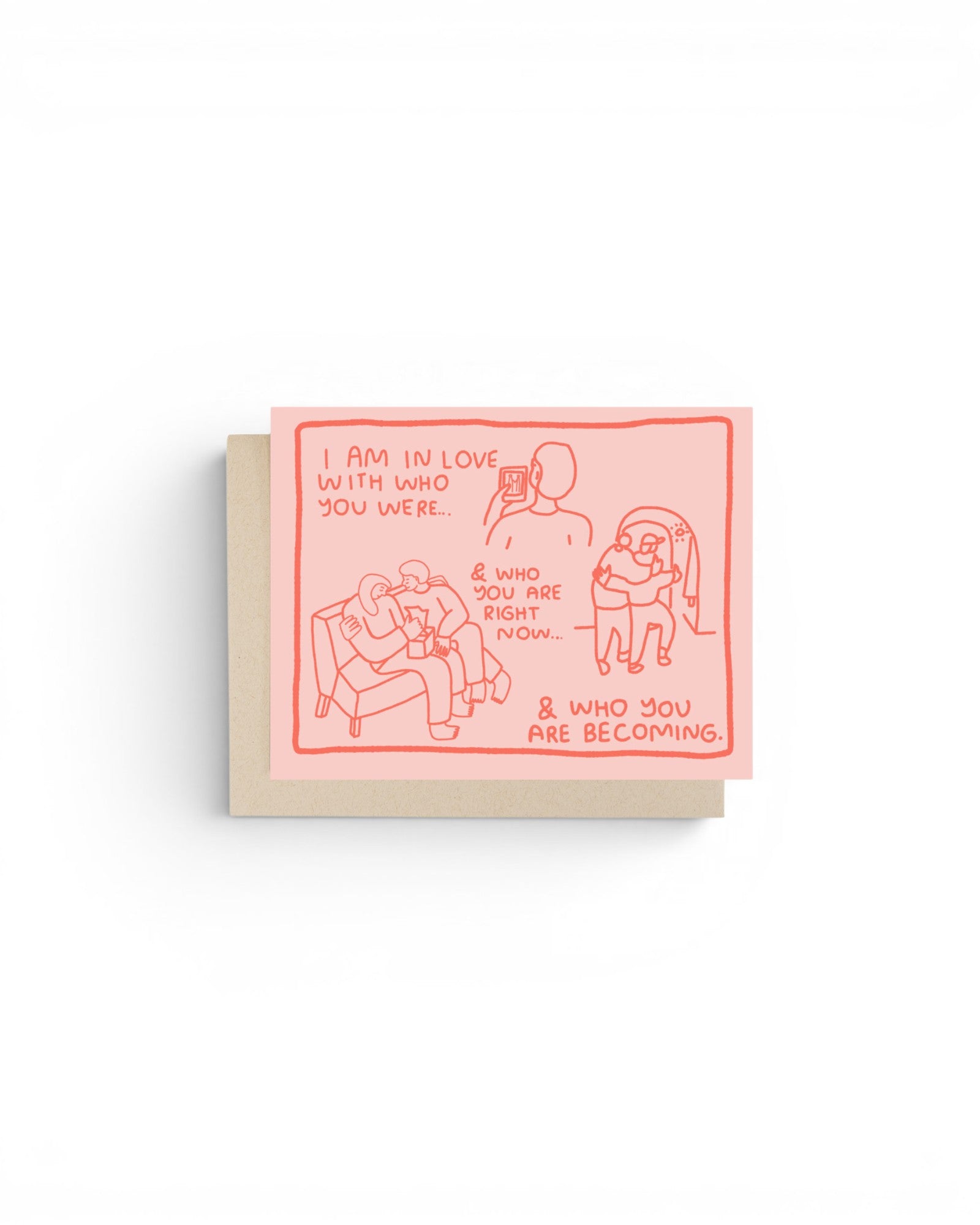 JONES + CO greeting card in pink with red line art illustrations of a couple and romantic text about love timelines.