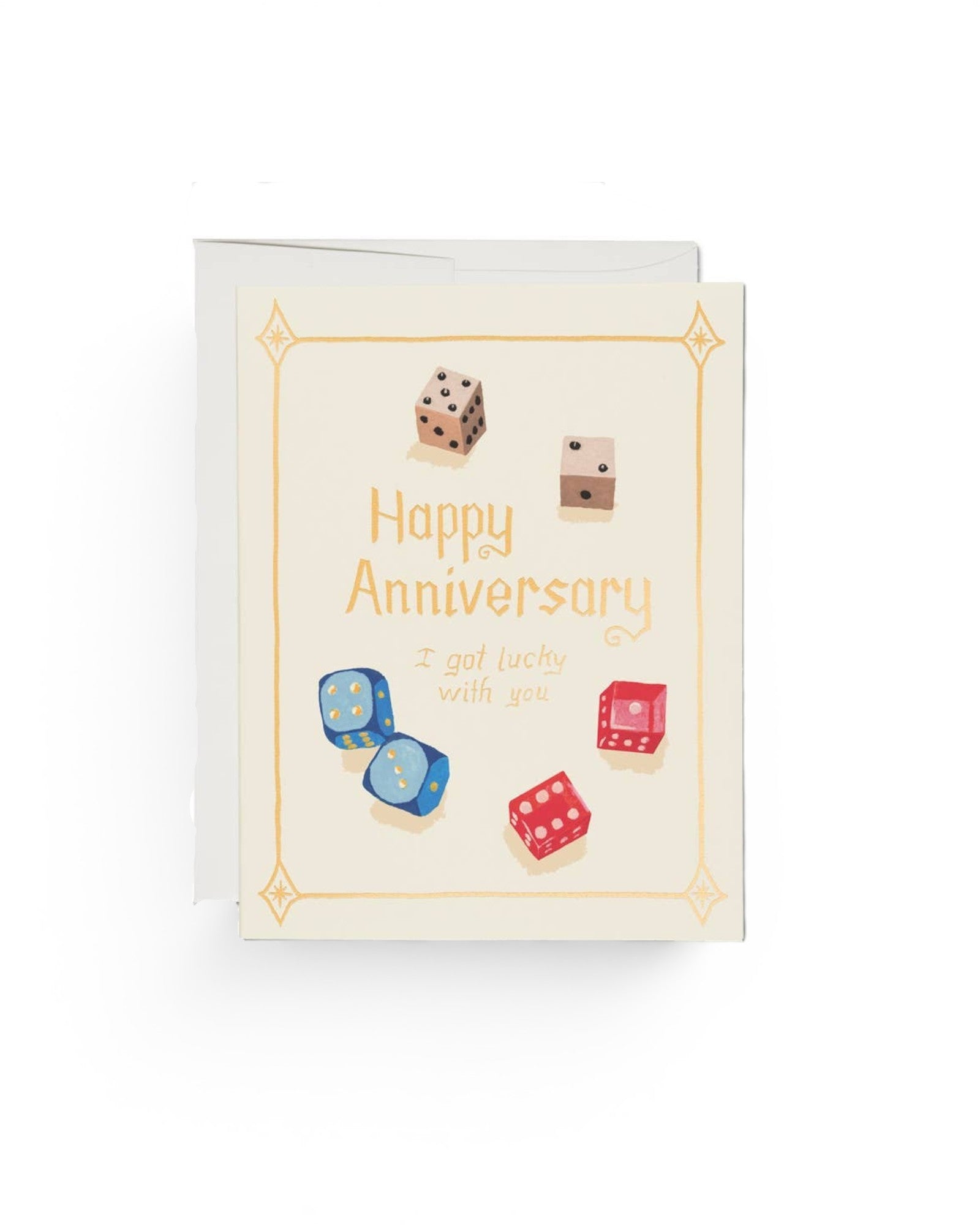 JONES + CO Lucky Dice anniversary greeting card on recycled paper with colorful dice illustrations by Danielle Kroll.