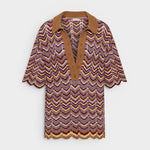 JONES + CO Luis Polo Top in Ramona stripe featuring a chevron knit pattern, brown collar, and scalloped hem edges.