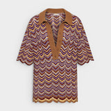 JONES + CO Luis Polo Top in Ramona stripe featuring a chevron knit pattern, brown collar, and scalloped hem edges.