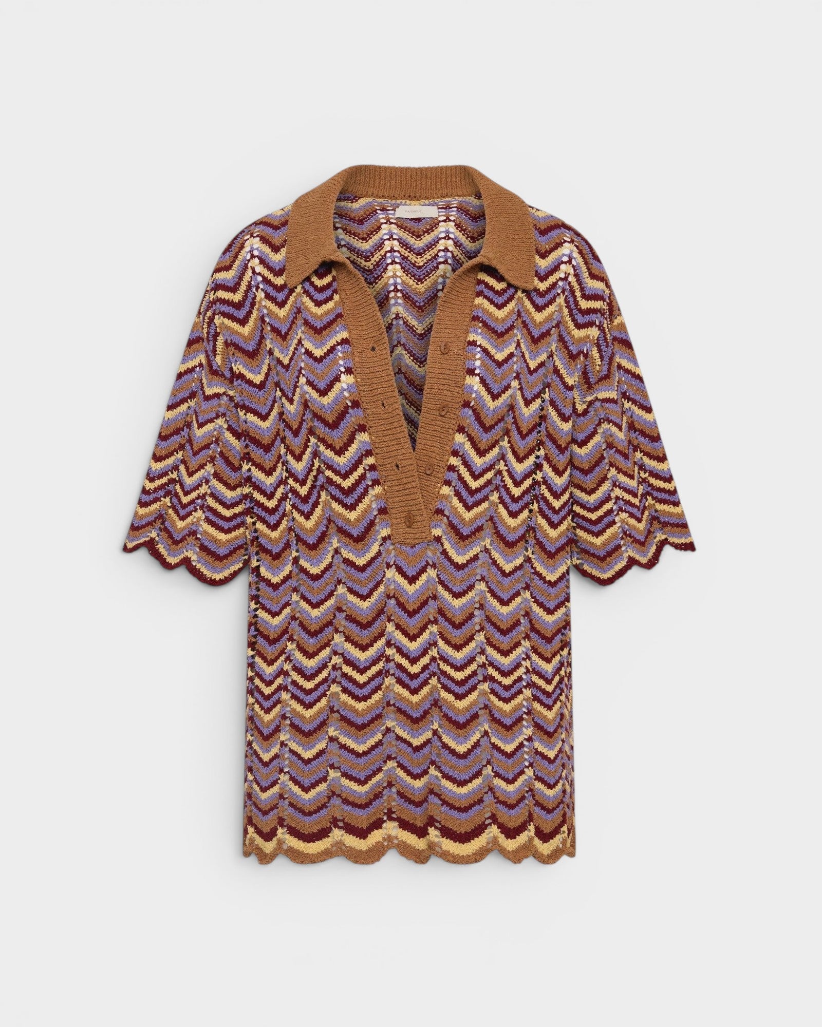 JONES + CO Luis Polo Top in Ramona stripe featuring a chevron knit pattern, brown collar, and scalloped hem edges.