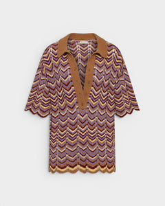 JONES + CO Luis Polo Top in Ramona stripe featuring a chevron knit pattern, brown collar, and scalloped hem edges.