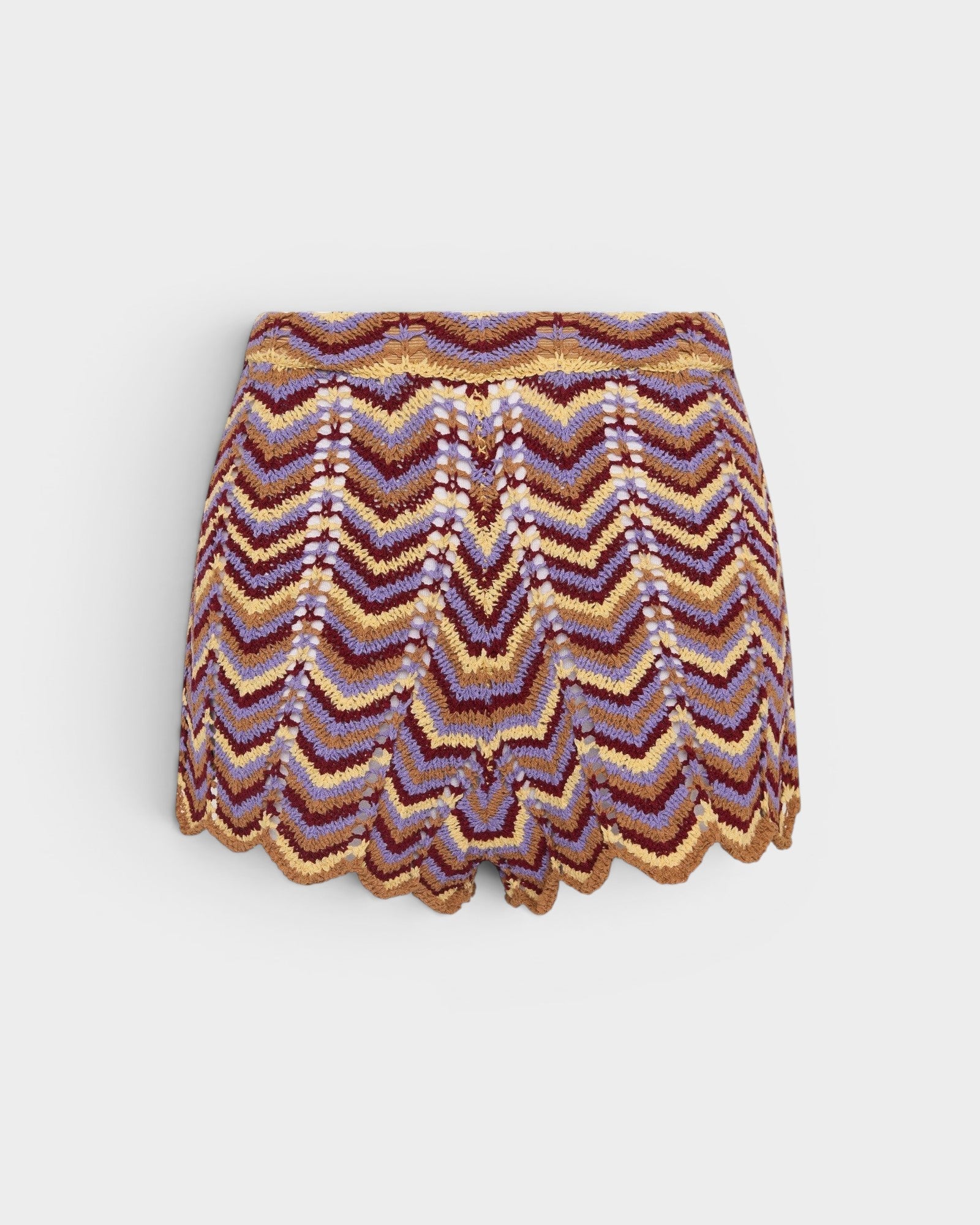 JONES + CO Luis Short in Ramona Stripe featuring a multi-colored chevron crochet knit pattern and scalloped hem.