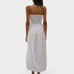 JONES + CO Lunaire strapless midi dress in light blue stripe cotton with a shirred bodice and bubble hem silhouette.