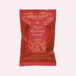 JONES + CO Loco Love Maple Macadamia Caramel dark chocolate bar in a red wrapper with gold lettering.