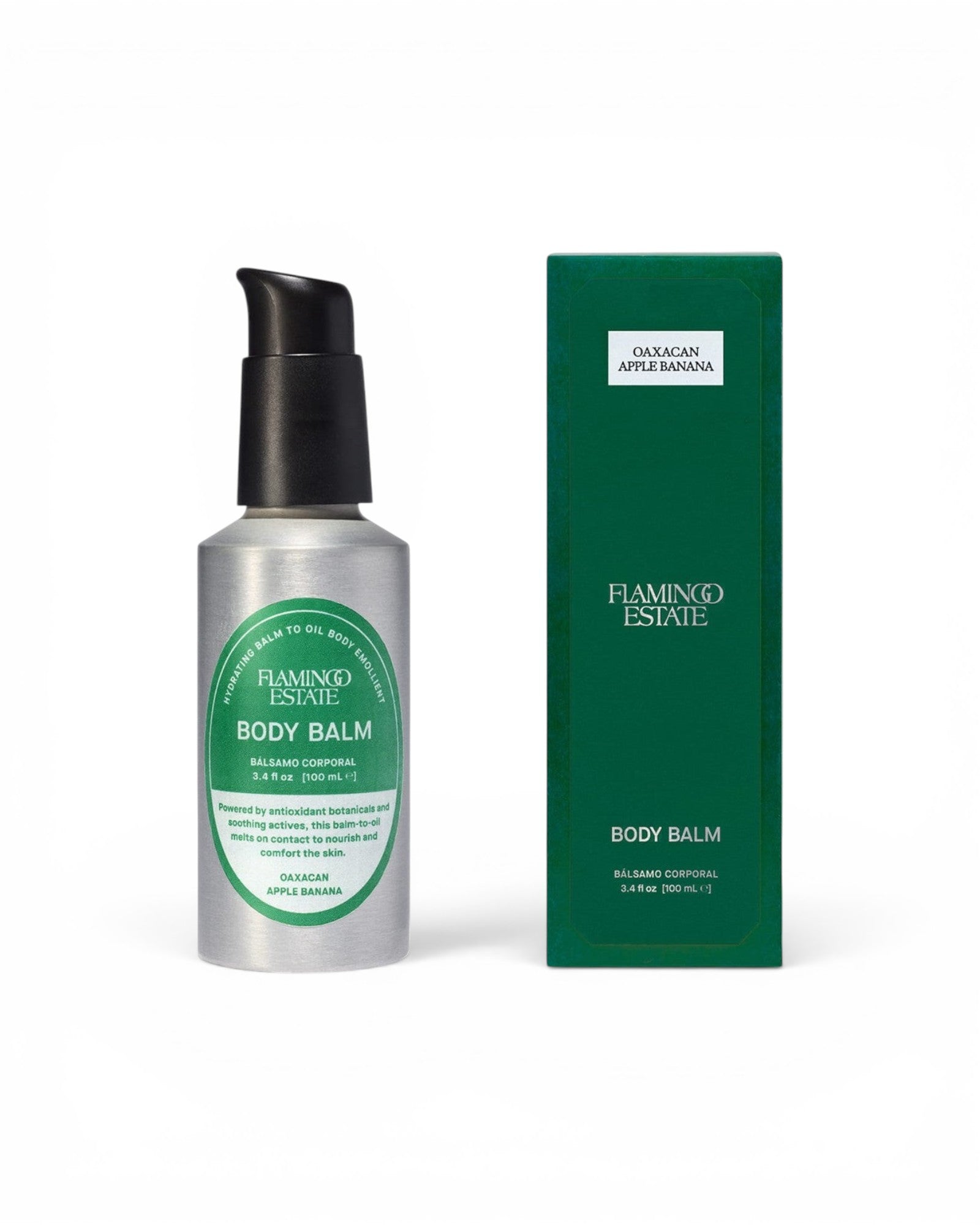 JONES + CO Flamingo Estate Oaxacan Apple Banana body balm in a silver pump bottle with its green outer packaging.