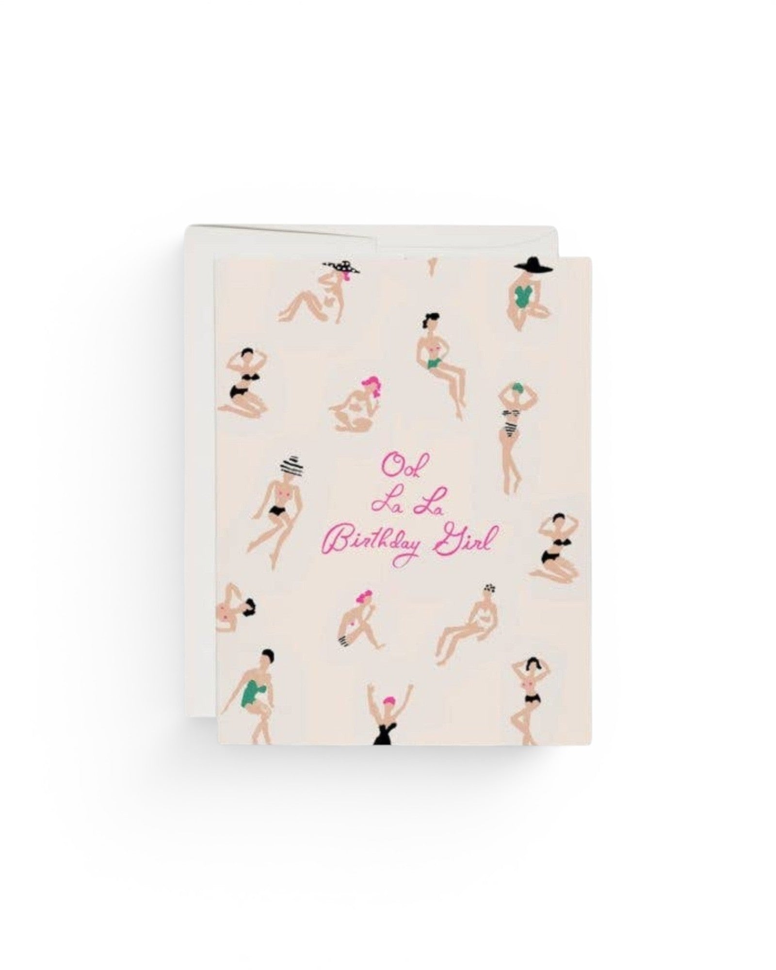 JONES + CO Ooh La La Birthday Girl card featuring Danielle Kroll illustrations of women in swimwear on recycled paper.