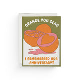 JONES + CO Orange You Glad anniversary card with orange fruit illustration and heart detail on recycled paper.