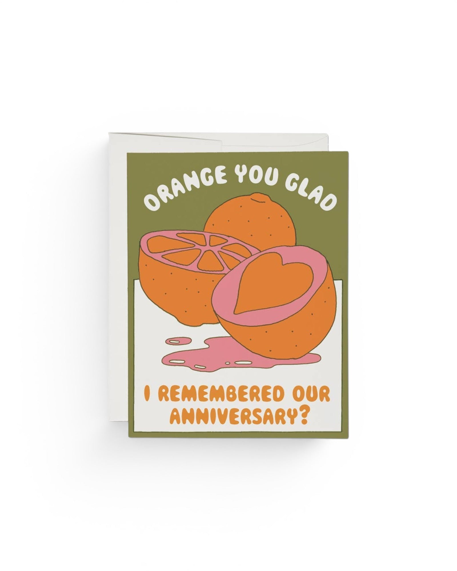 JONES + CO Orange You Glad anniversary card with orange fruit illustration and heart detail on recycled paper.