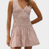 JONES + CO Palomar mini dress in cinnamon and white check cotton with a shirred bodice and V-neckline.
