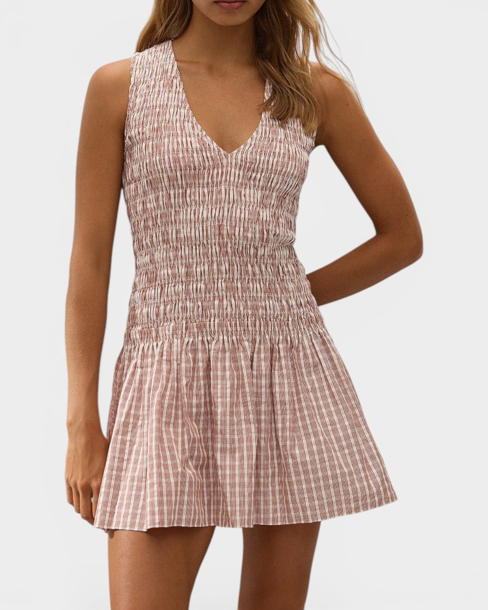 JONES + CO Palomar mini dress in cinnamon and white check cotton with a shirred bodice and V-neckline.