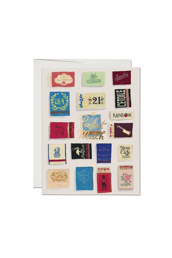 JONES + CO Perfect Match greeting card featuring vintage matchbook illustrations by Danielle Kroll on recycled paper.
