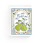 JONES + CO Perfect Pear greeting card on 100% recycled paper with a whimsical pear illustration and white envelope.