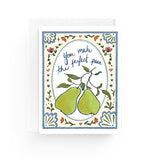 JONES + CO Perfect Pear greeting card on 100% recycled paper with a whimsical pear illustration and white envelope.
