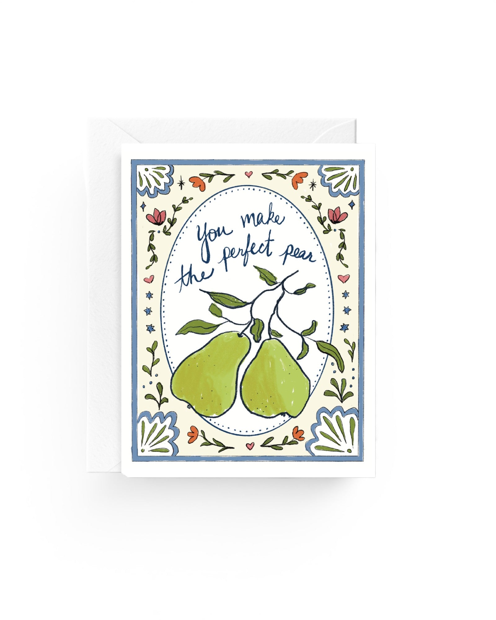 JONES + CO Perfect Pear greeting card on 100% recycled paper with a whimsical pear illustration and white envelope.