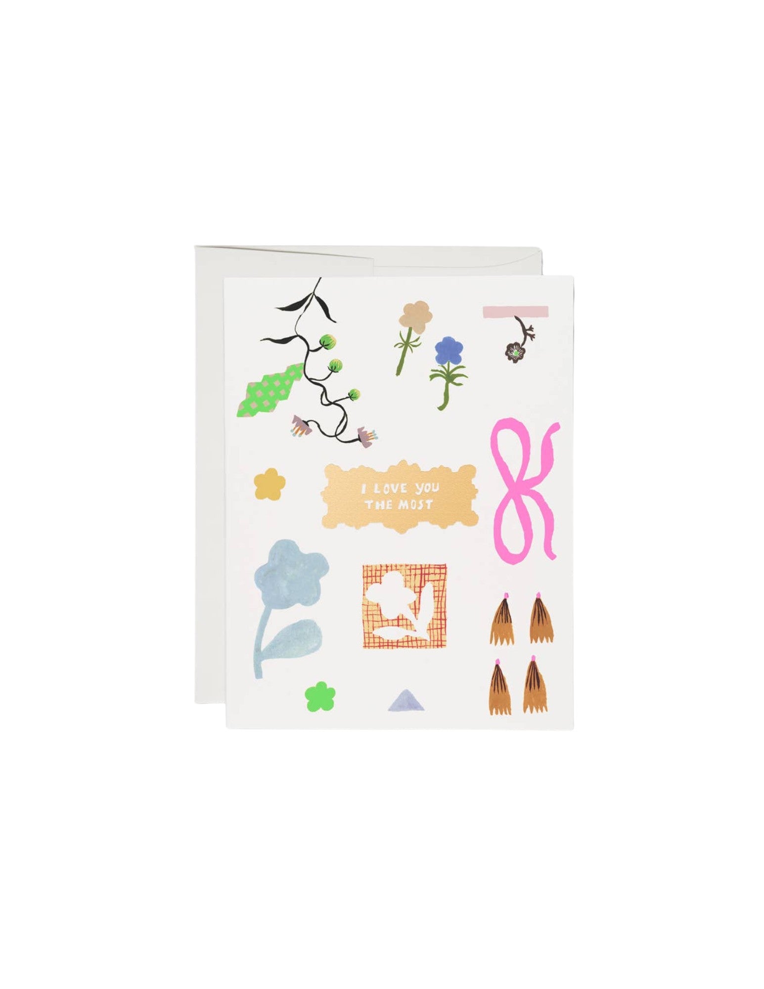 JONES + CO Petals and Blooms love card on recycled heavyweight cardstock with whimsical floral and ribbon art.