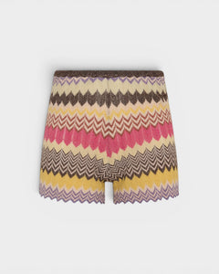 JONES + CO Raya high-rise knit mini shorts in a multi-color Perla stripe pattern with a ribbed waist and zig zag hem.