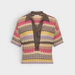 JONES + CO Raya Polo Top in Perla Stripe featuring a multi-colour zig zag knit, collar, and button-up placket.