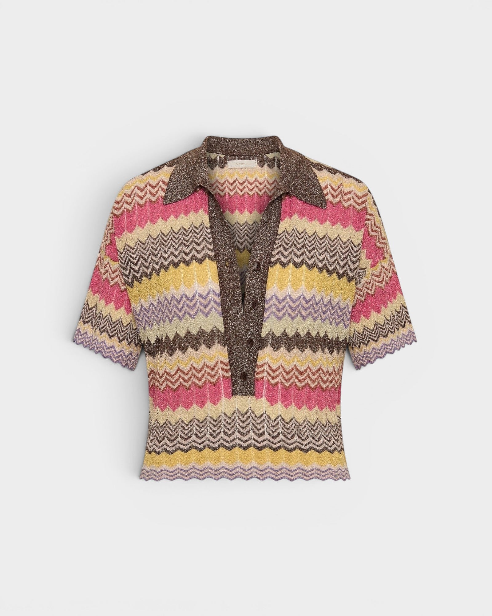 JONES + CO Raya Polo Top in Perla Stripe featuring a multi-colour zig zag knit, collar, and button-up placket.