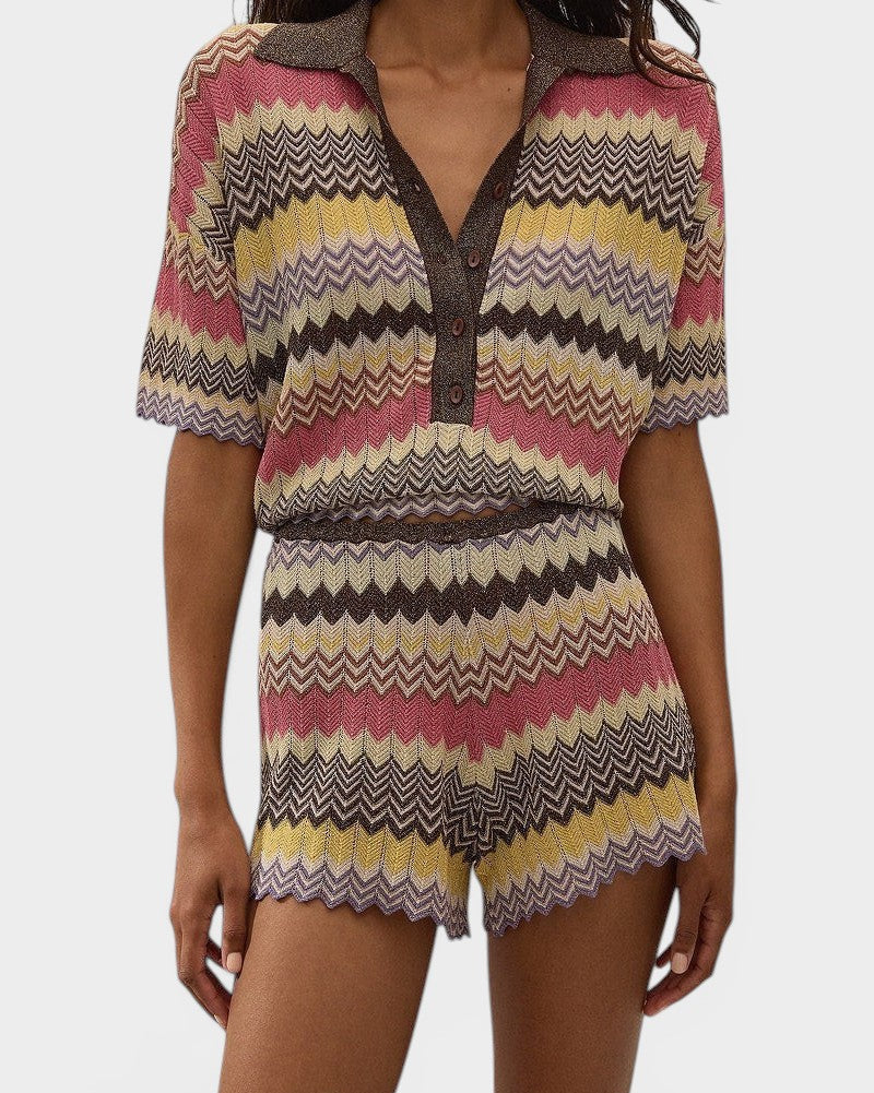 JONES + CO Raya Polo Top in Perla multi-colour knit stripe with a collar, button placket, and cropped zig zag hem.