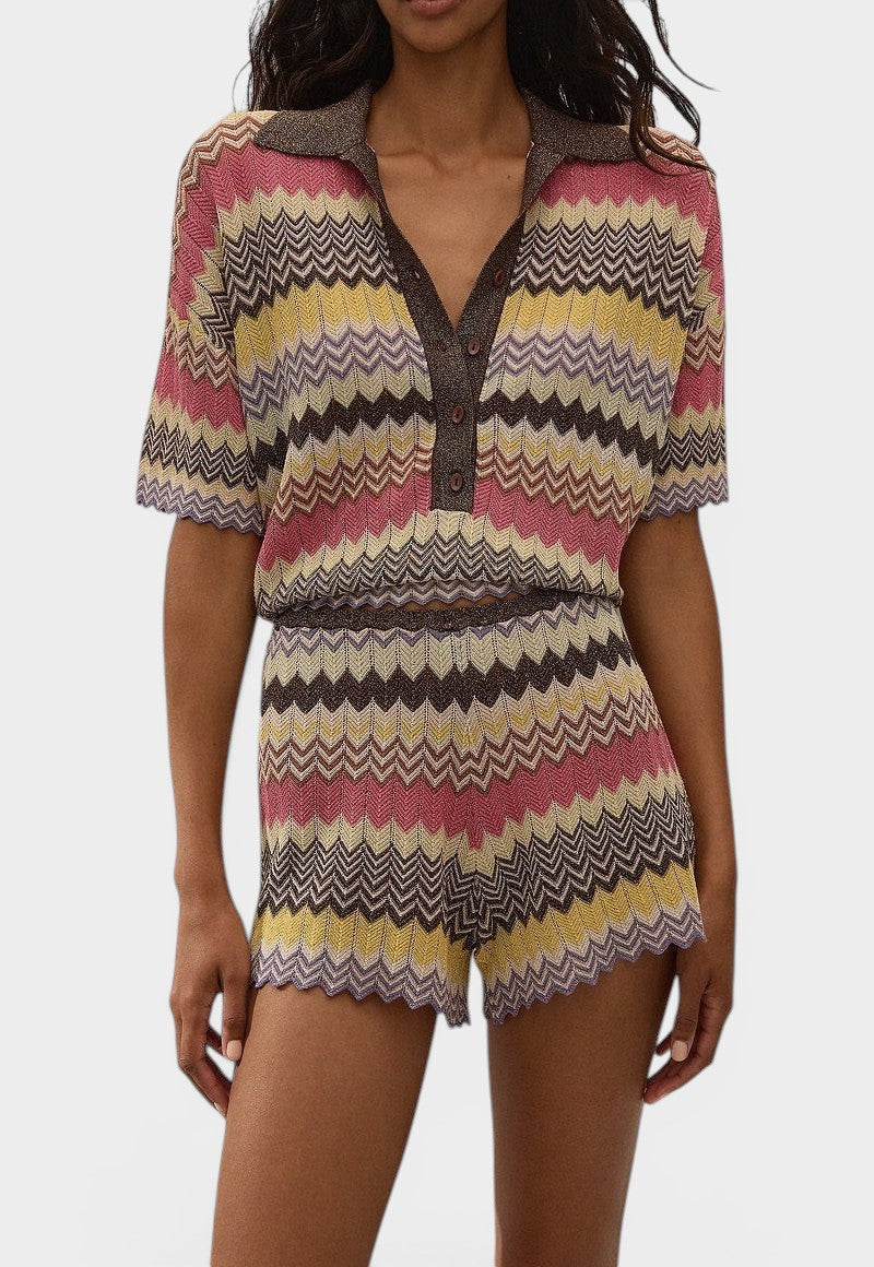 JONES + CO Raya Polo Top in Perla multi-colour knit stripe with a collar, button placket, and cropped zig zag hem.
