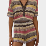JONES + CO Raya Polo Top in Perla multi-colour knit stripe with a collar, button placket, and cropped zig zag hem.