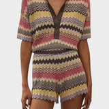 JONES + CO Raya Polo Top in Perla multi-colour knit stripe with a collar, button placket, and cropped zig zag hem.