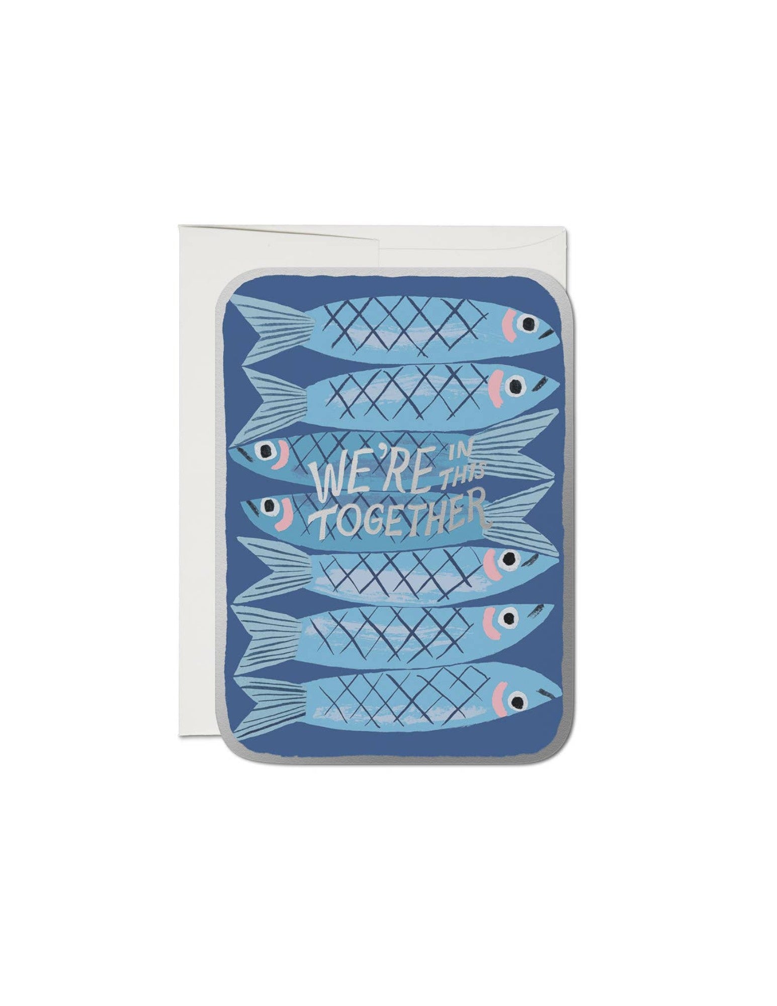JONES + CO Sardines greeting card with blue fish illustration and We're In This Together text on recycled paper.
