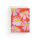 JONES + CO Scalloped Coneflower sympathy card with pink flowers on red background and Sending You Love text.