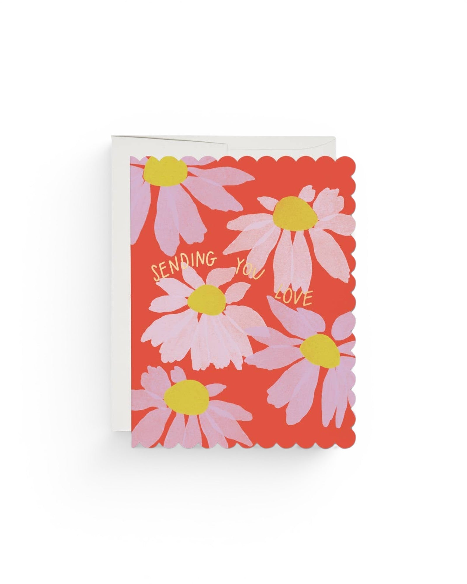 JONES + CO Scalloped Coneflower sympathy card with pink flowers on red background and Sending You Love text.