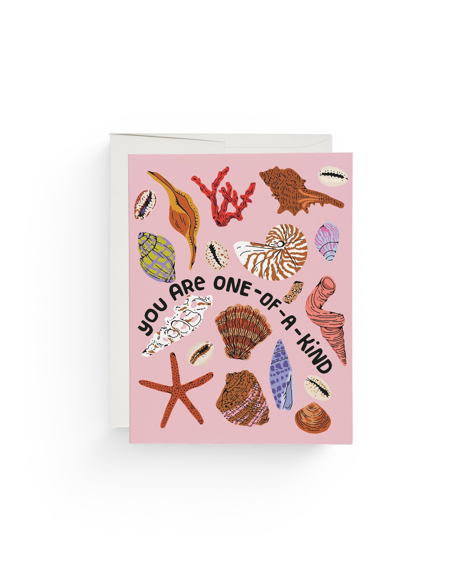 JONES + CO Special Seashell Card featuring colorful illustrated shells and coral on pink recycled paper.
