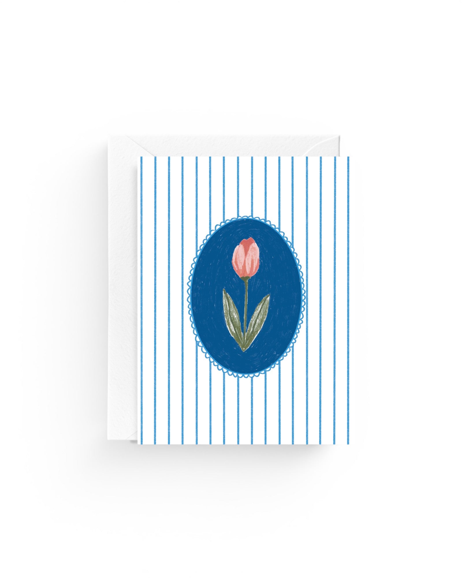 JONES + CO Striped Tulip greeting card on recycled paper with a blue oval frame and white envelope.