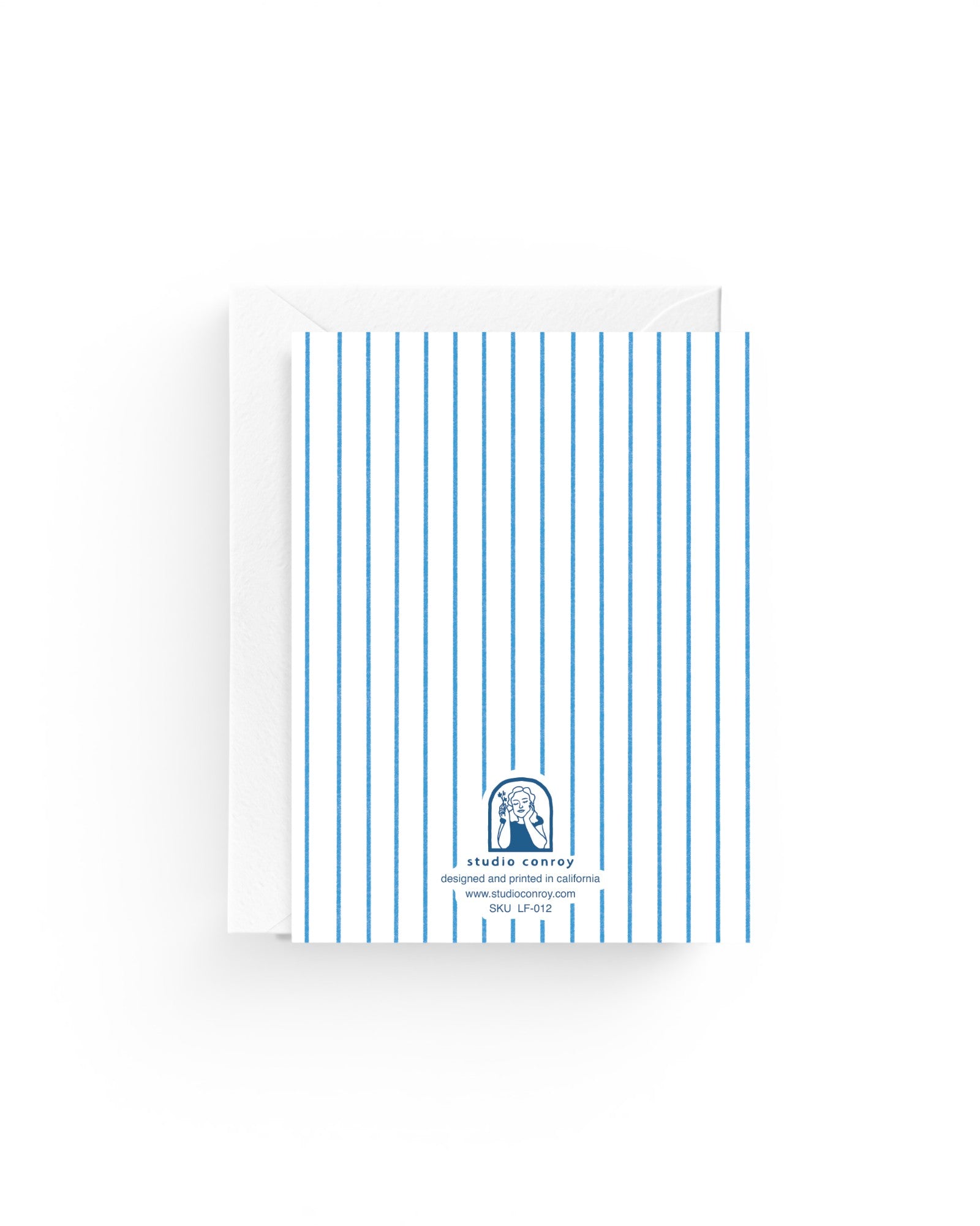 JONES + CO Striped Tulip A2 greeting card on 100% recycled paper with a white envelope, back view.