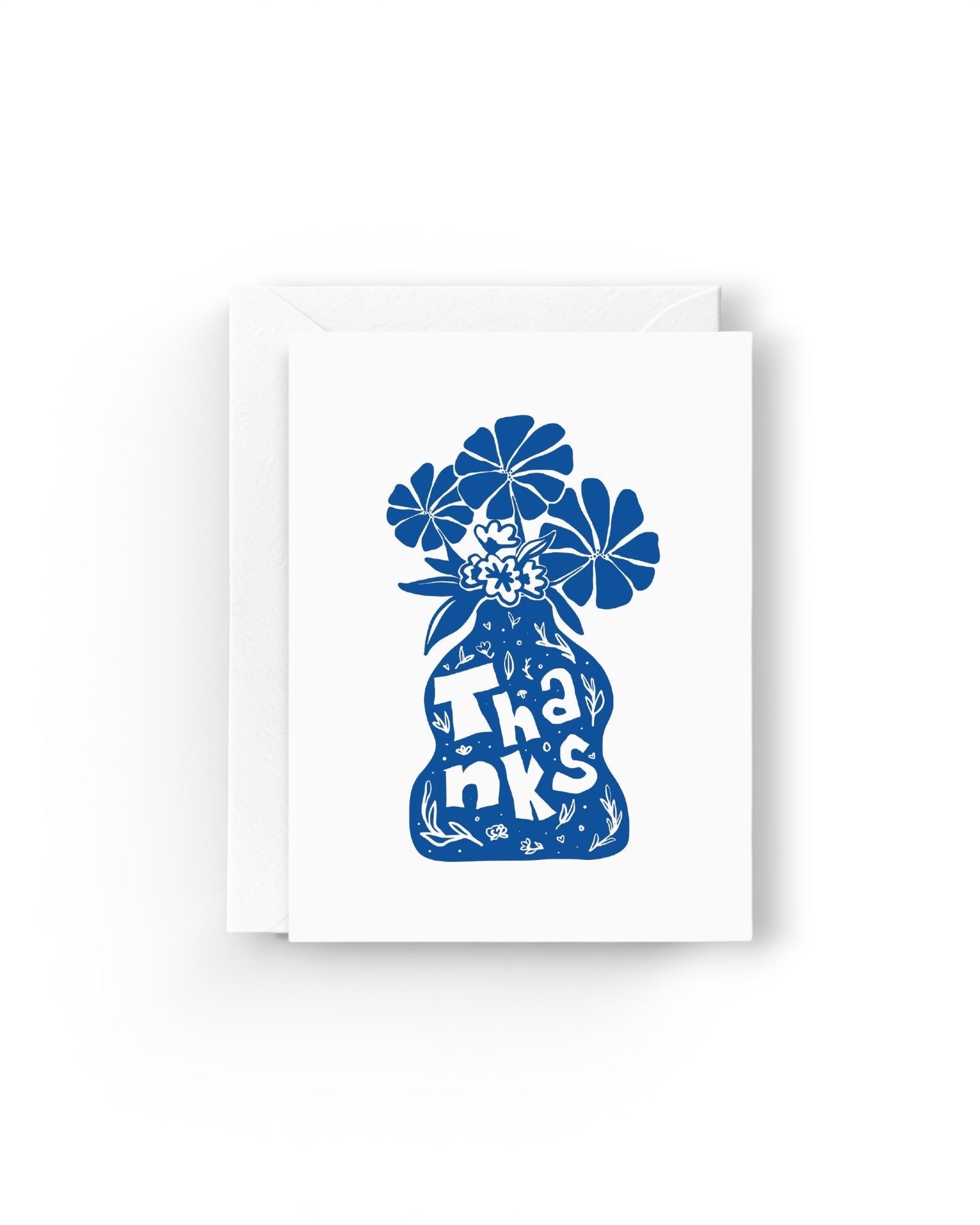 JONES + CO Thanks Vase greeting card on recycled paper with blue floral illustration and white envelope.