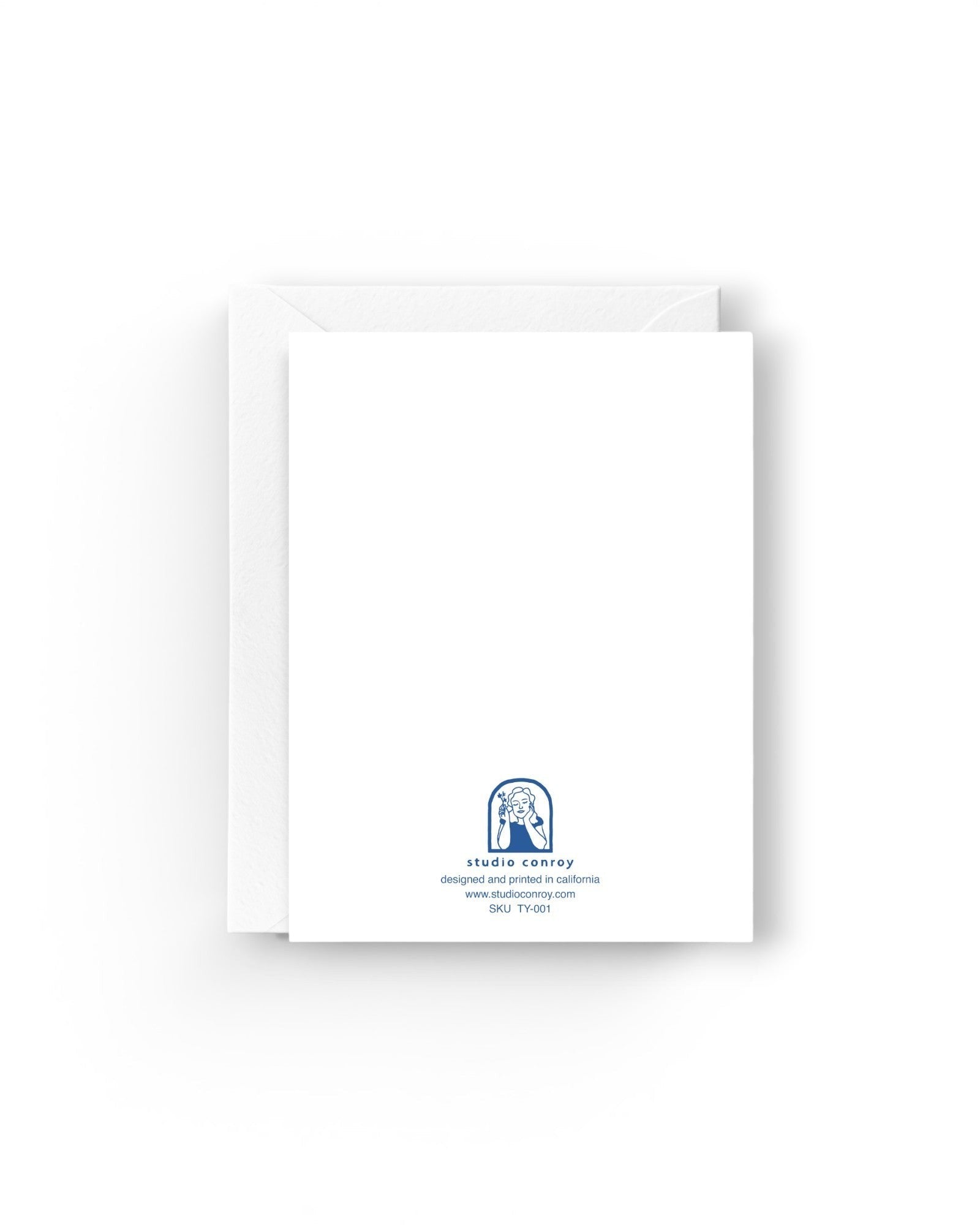 Back of JONES + CO Thanks Vase greeting card on recycled paper with white envelope and brand logo at the bottom.