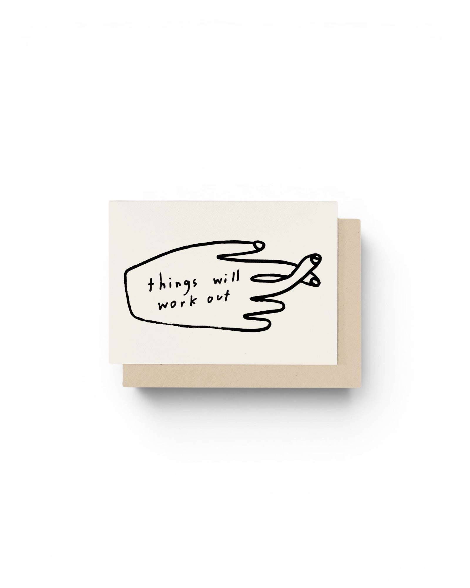 JONES + CO greeting card with a black line drawing of fingers crossed and the text Things Will Work Out.