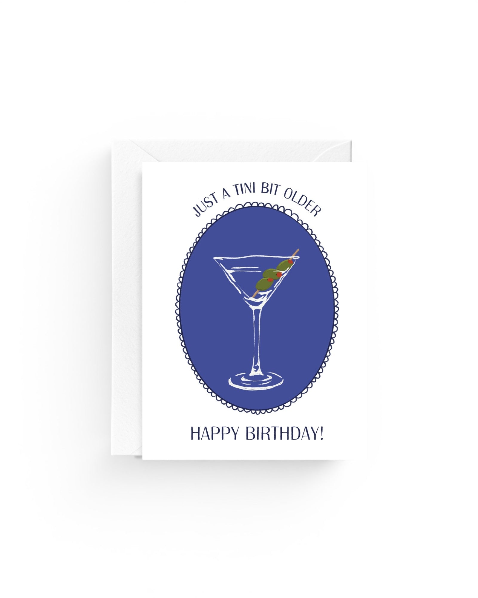 JONES + CO Tini Bit Older birthday card on recycled paper with a martini illustration and white envelope.