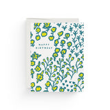 JONES + CO Wildflowers birthday card with yellow and teal floral illustration on recycled paper.