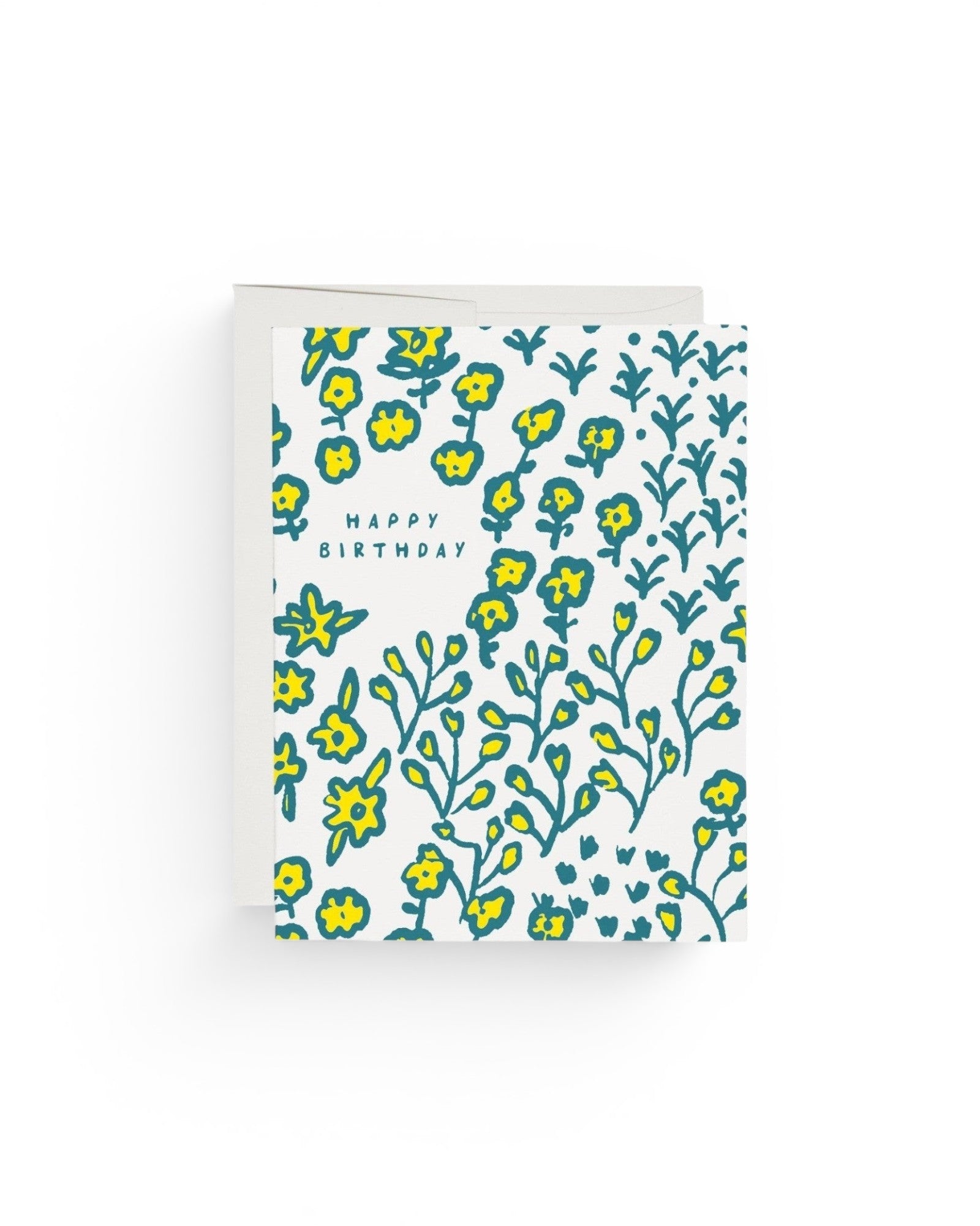 JONES + CO Wildflowers birthday card with yellow and teal floral illustration on recycled paper.