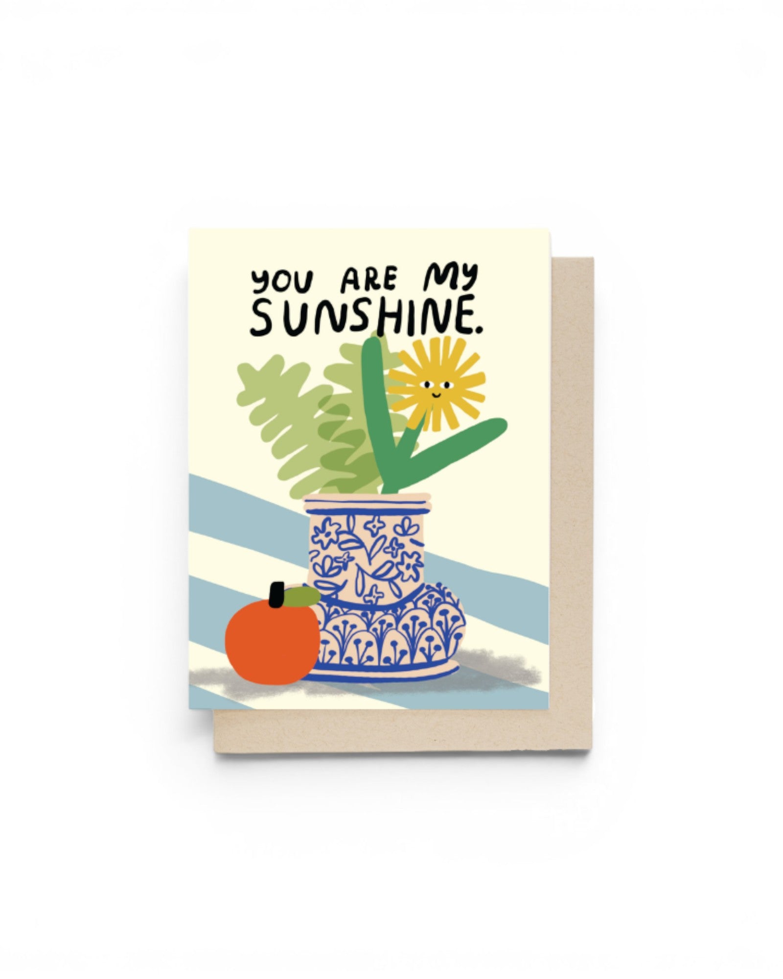 JONES + CO You Are My Sunshine greeting card featuring a whimsical flower in a blue patterned vase with an orange.