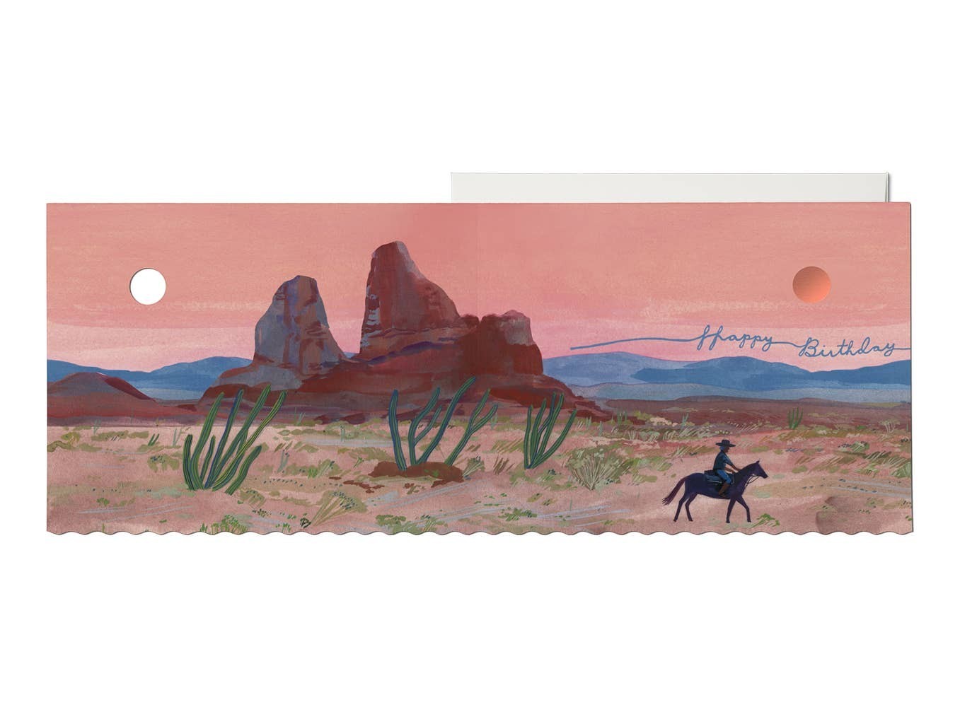 JONES + CO Zion birthday card featuring a desert landscape illustration by Becca Stadtlander with a rider on horseback