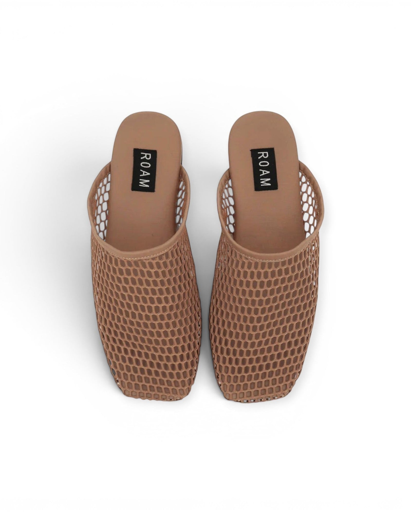 Pair of brown mesh slippers with 'ROAM' branding on a white background
